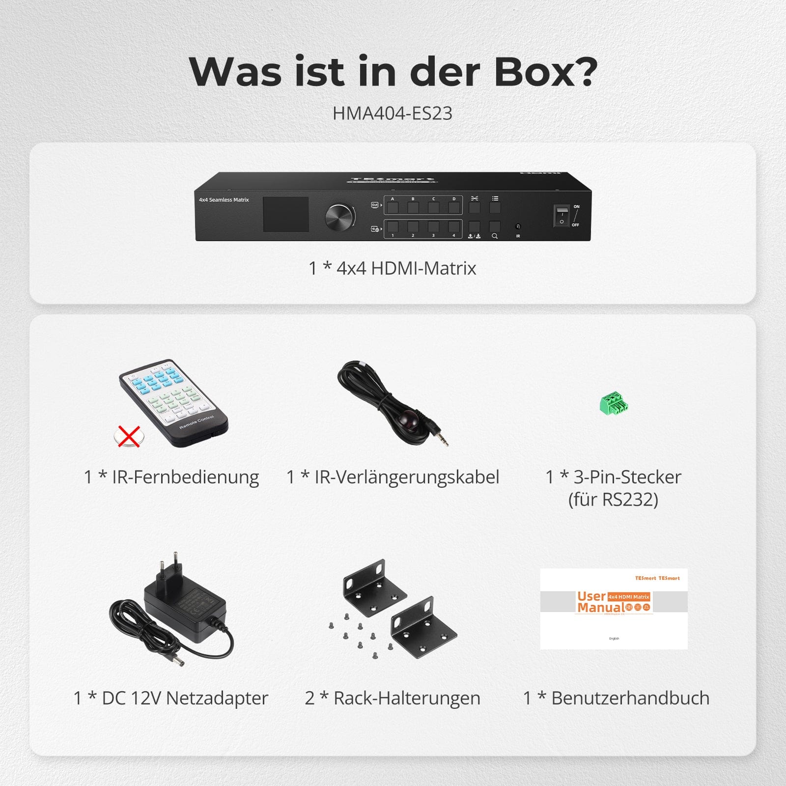 TESmart.DE HMA404-ES23-EUBK HDMI Matrix 4x4 HDMI Nahtloser Matrix-Switch 1920x1080@60Hz mit LCD, Audio-Aufteilung und Vorschau-Modus 10652805090594 4x4 HDMI Nahtloser Matrix-Switch 1920x1080@60Hz mit LCD, Audio-Aufteilung und Vorschau-Modus EU Plug