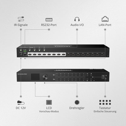 TESmart.DE HMA808-ES23-EUBK HDMI Matrix 8x8 HDMI Nahtloser Matrix-Switch 1920x1080@60Hz mit Quad-View, LCD, Audio-Aufteilung und Vorschau-Modus 10652805090617 8x8 HDMI Nahtloser Matrix-Switch 1920x1080@60Hz mit Quad-View, LCD, Audio-Aufteilung und Vorschau-Modus EU Plug