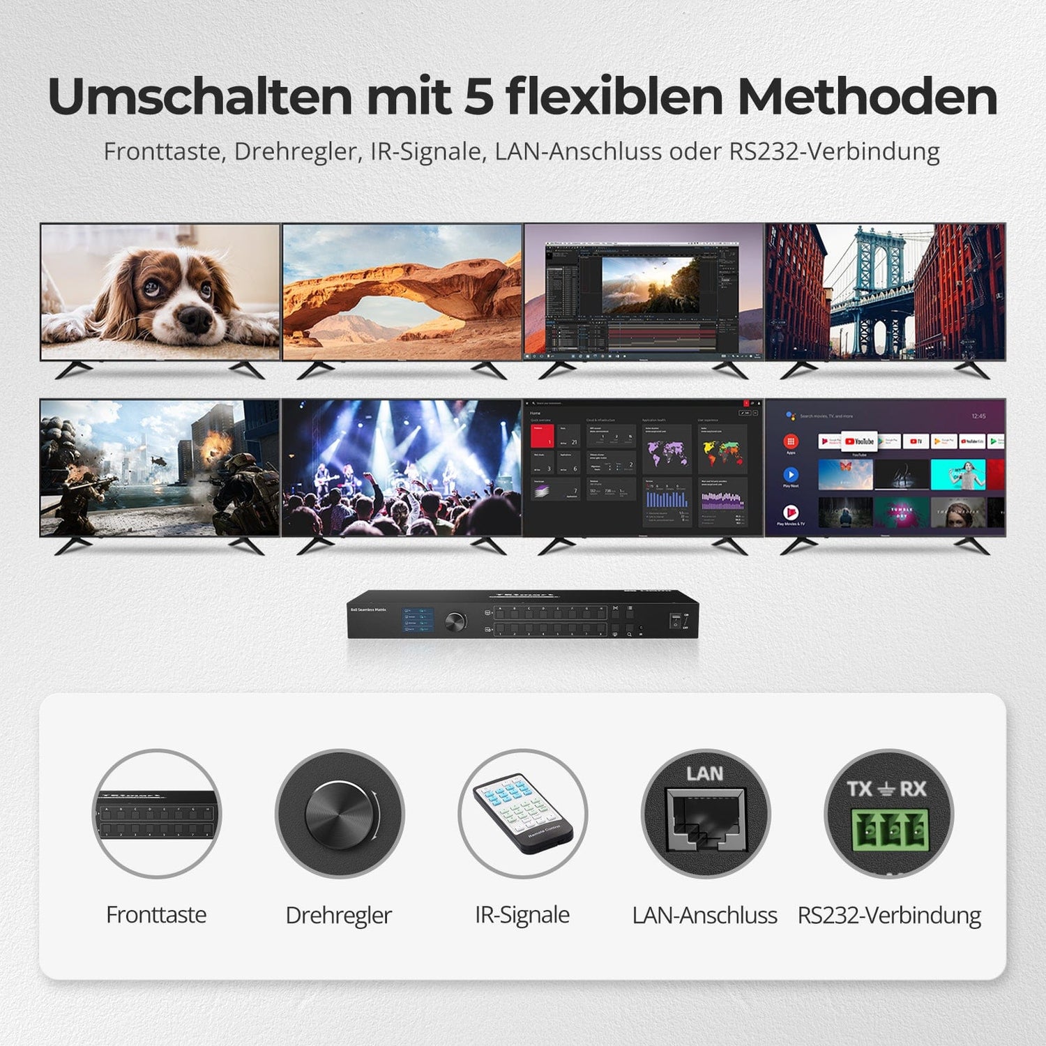 TESmart.DE HMA808-ES23-EUBK HDMI Matrix 8x8 HDMI Nahtloser Matrix-Switch 1920x1080@60Hz mit Quad-View, LCD, Audio-Aufteilung und Vorschau-Modus 10652805090617 8x8 HDMI Nahtloser Matrix-Switch 1920x1080@60Hz mit Quad-View, LCD, Audio-Aufteilung und Vorschau-Modus EU Plug