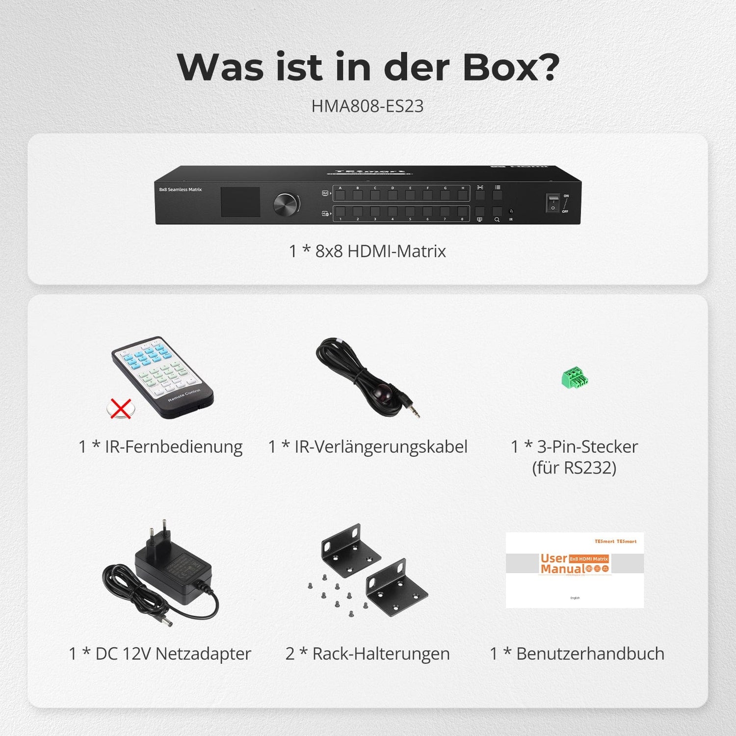 TESmart.DE HMA808-ES23-EUBK HDMI Matrix 8x8 HDMI Nahtloser Matrix-Switch 1920x1080@60Hz mit Quad-View, LCD, Audio-Aufteilung und Vorschau-Modus 10652805090617 8x8 HDMI Nahtloser Matrix-Switch 1920x1080@60Hz mit Quad-View, LCD, Audio-Aufteilung und Vorschau-Modus EU Plug