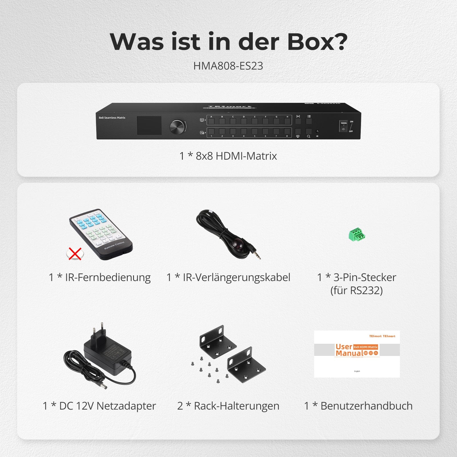 TESmart.DE HMA808-ES23-EUBK HDMI Matrix 8x8 HDMI Nahtloser Matrix-Switch 1920x1080@60Hz mit Quad-View, LCD, Audio-Aufteilung und Vorschau-Modus 10652805090617 8x8 HDMI Nahtloser Matrix-Switch 1920x1080@60Hz mit Quad-View, LCD, Audio-Aufteilung und Vorschau-Modus EU Plug