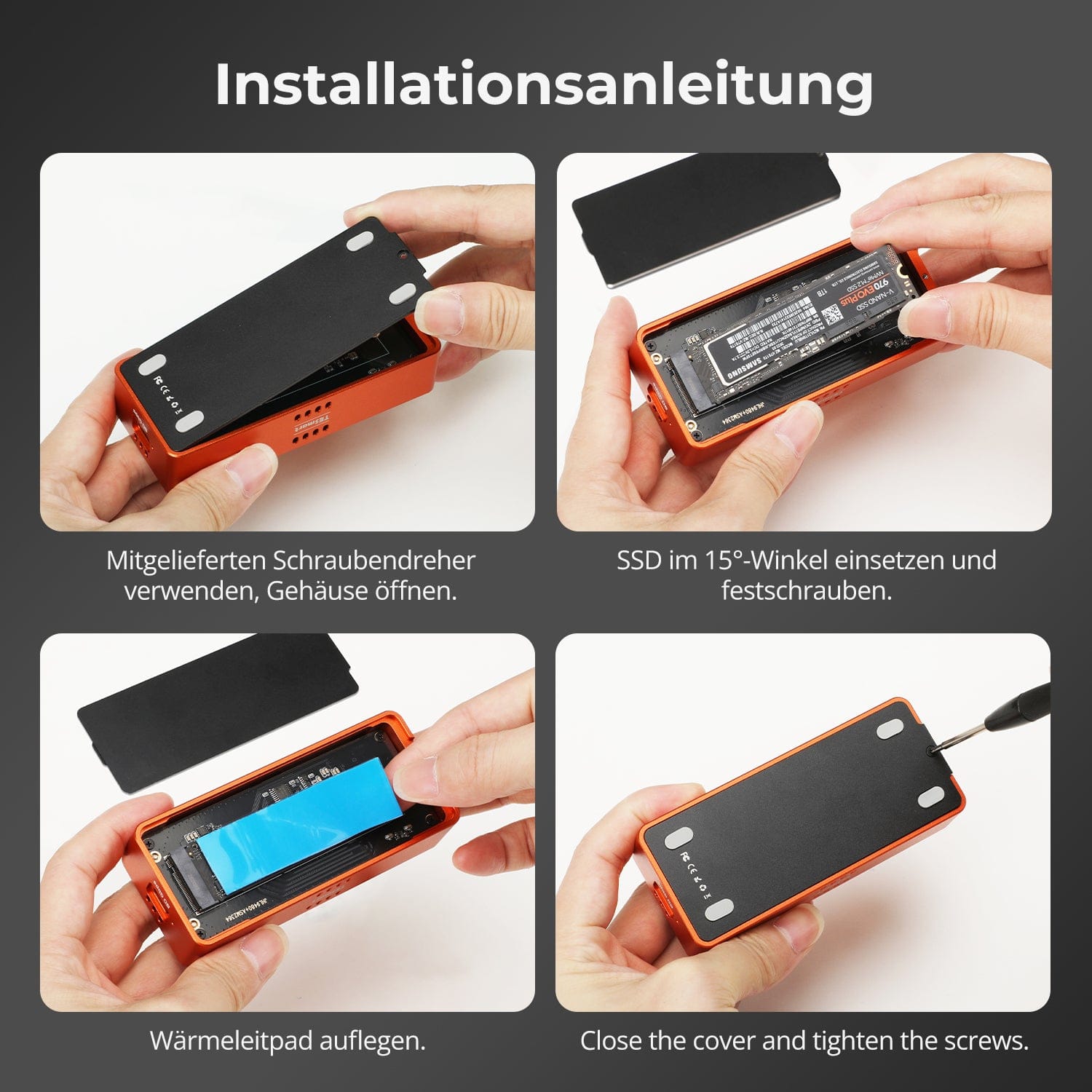 TESmart.DE TBE‑X5 Pro &amp; Max — Dual 80 Gbps PCIe 5.0 SSD‑Gehäuse · Bis zu 7000 MB/s TBE‑X5 Pro &amp; Max — Dual 80 Gbps PCIe 5.0 SSD‑Gehäuse · Bis zu 7000 MB/s