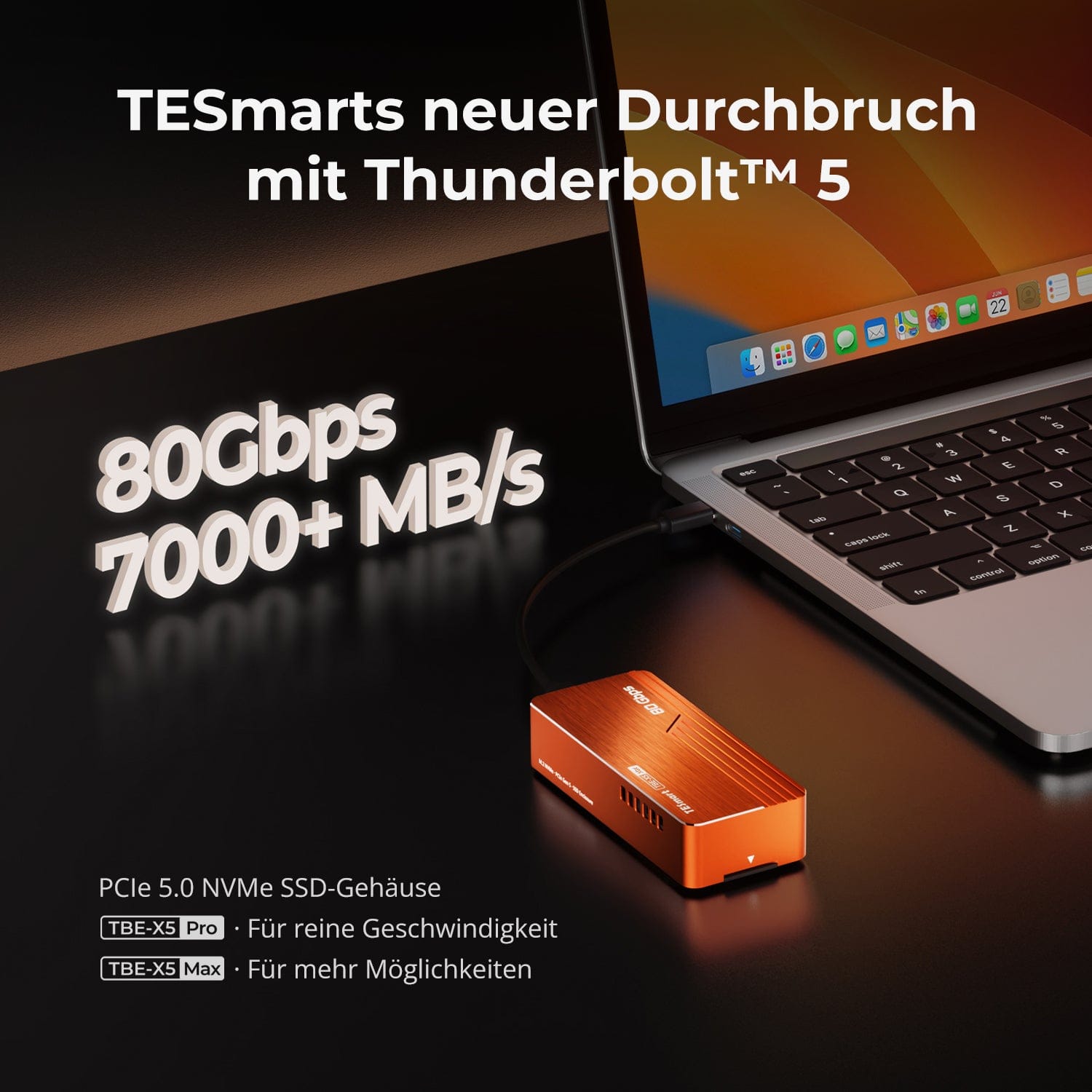 TESmart.DE TBE‑X5 Pro &amp; Max — Dual 80 Gbps PCIe 5.0 SSD‑Gehäuse · Bis zu 7000 MB/s TBE‑X5 Pro &amp; Max — Dual 80 Gbps PCIe 5.0 SSD‑Gehäuse · Bis zu 7000 MB/s