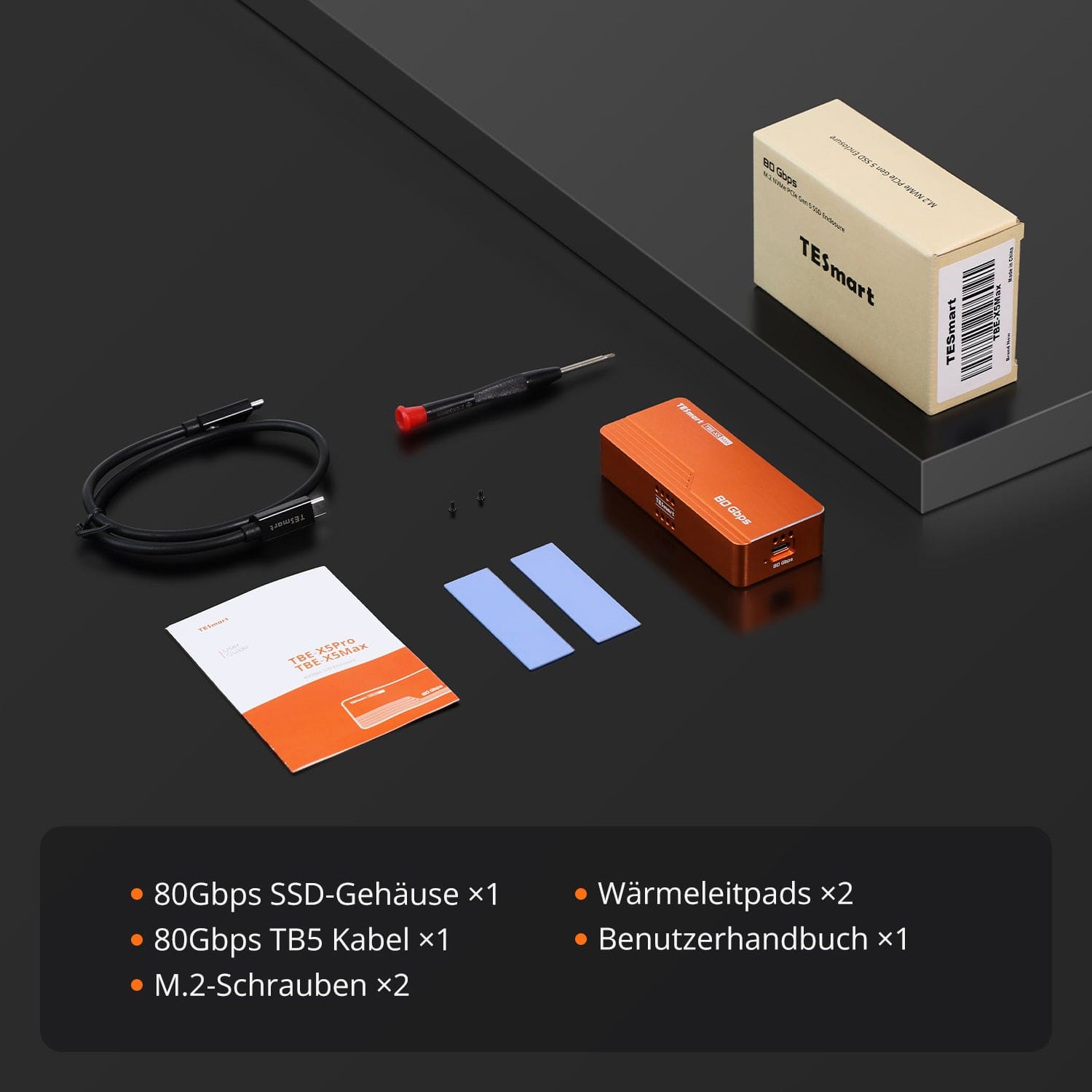 TESmart.DE TBE-X5MAX TBE-X5Max USB4 80 Gbps PCIe 5.0 NVMe SSD-Gehäuse · Thunderbolt 5/4/3 &amp; USB 3.x kompatibel · Bis zu 7000 MB/s 10652805092284 TBE-X5Max USB4 80 Gbps PCIe 5.0 NVMe SSD-Gehäuse · Thunderbolt 5/4/3 &amp; USB 3.x kompatibel · Bis zu 7000 MB/s