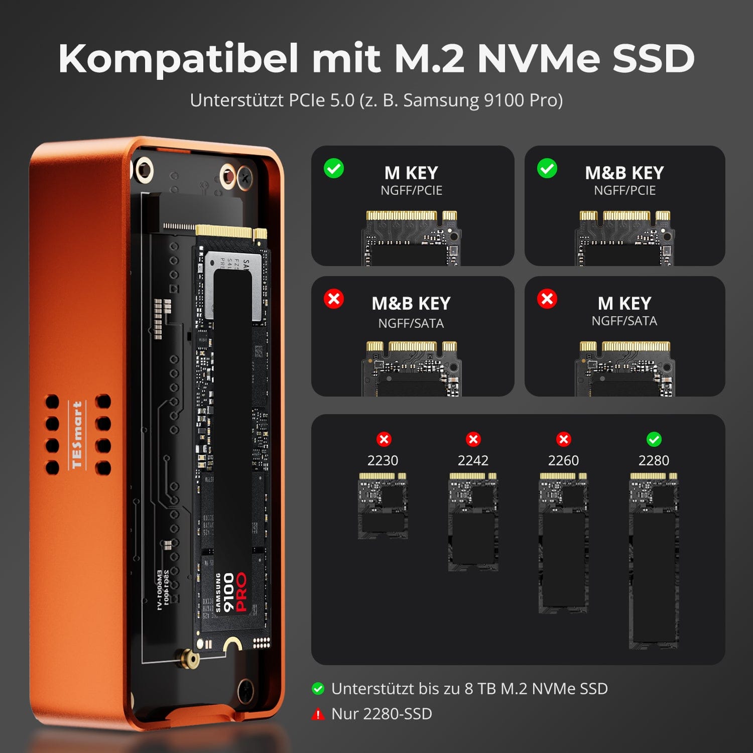TESmart.DE TBE-X5MAX TBE-X5Max USB4 80 Gbps PCIe 5.0 NVMe SSD-Gehäuse · Thunderbolt 5/4/3 &amp; USB 3.x kompatibel · Bis zu 7000 MB/s 10652805092284 TBE-X5Max USB4 80 Gbps PCIe 5.0 NVMe SSD-Gehäuse · Thunderbolt 5/4/3 &amp; USB 3.x kompatibel · Bis zu 7000 MB/s