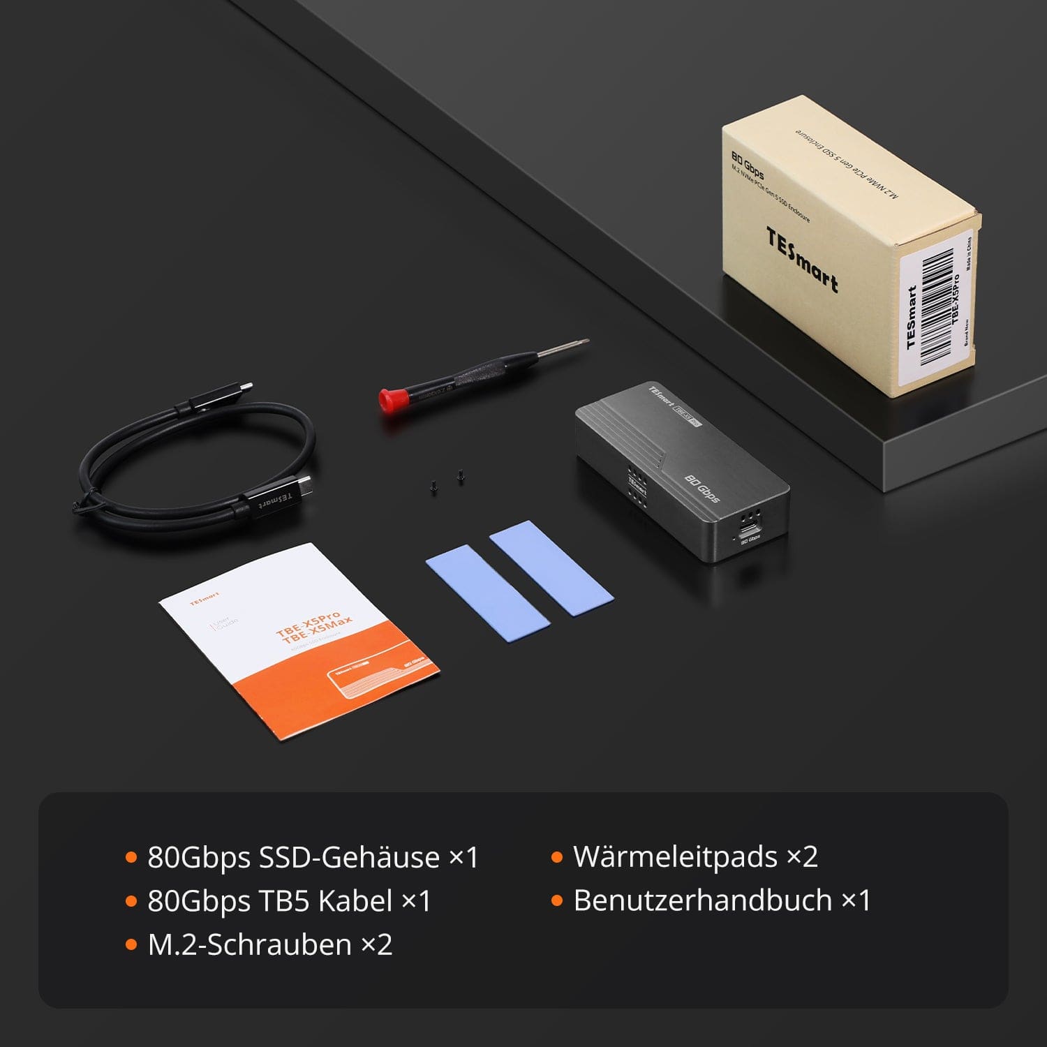 TESmart.DE TBE-X5PRO TBE-X5Pro USB4 80 Gbps PCIe 5.0 NVMe SSD-Gehäuse · Thunderbolt 5 / 4 / 3 kompatibel · Bis zu 7000 MB/s 10652805092253 TBE-X5Pro USB4 80 Gbps PCIe 5.0 NVMe SSD-Gehäuse · Thunderbolt 5 / 4 / 3 kompatibel · Bis zu 7000 MB/s