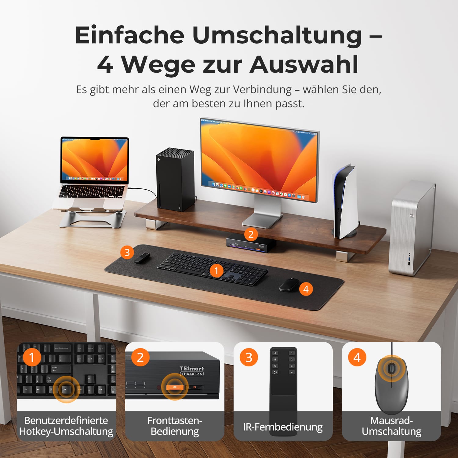 TESmart.DE THK401-X4-EUBK KVM Switch 4-Port KVM für Apple Studio Display – Bis zu 6K@60Hz / 5K@120Hz, kompatibel mit Thunderbolt™ 4- und HDMI-Geräten 4-Port KVM für Apple Studio Display – Kompatibel mit Thunderbolt™ 4- und HDMI-Geräten