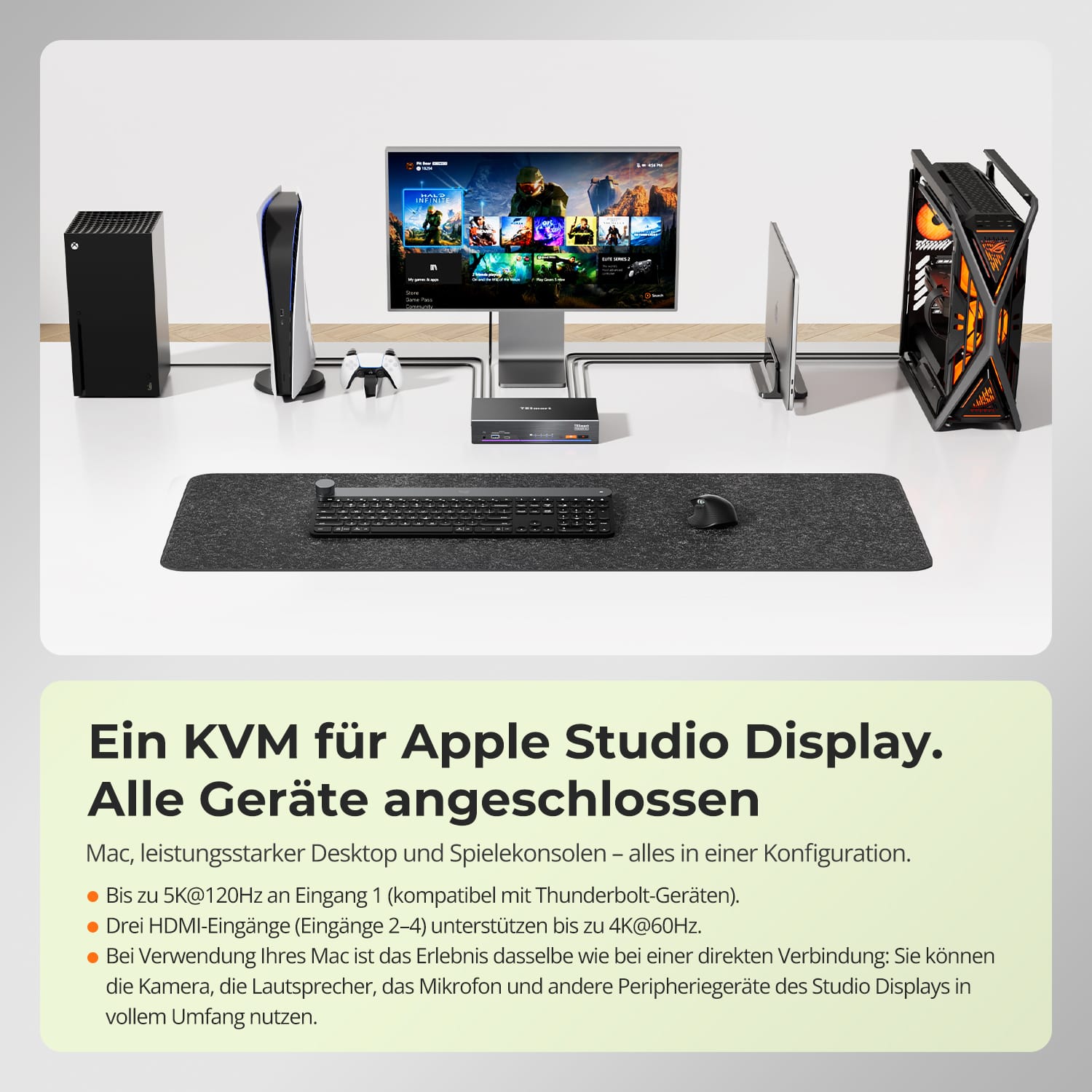 TESmart.DE THK401-X4-EUBK KVM Switch 4-Port KVM für Apple Studio Display – Bis zu 6K@60Hz / 5K@120Hz, kompatibel mit Thunderbolt™ 4- und HDMI-Geräten 4-Port KVM für Apple Studio Display – Kompatibel mit Thunderbolt™ 4- und HDMI-Geräten
