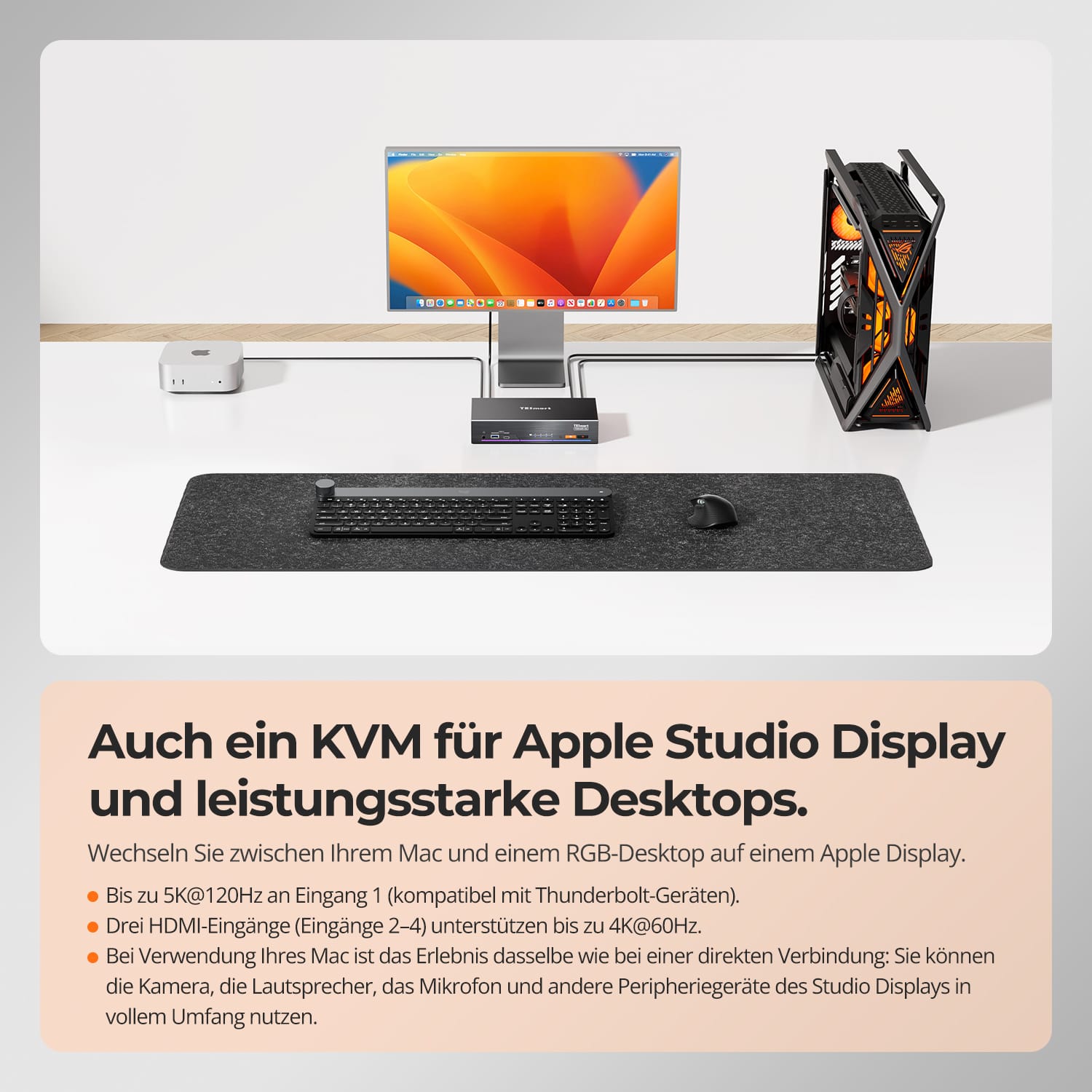 TESmart.DE THK401-X4-EUBK KVM Switch 4-Port KVM für Apple Studio Display – Bis zu 6K@60Hz / 5K@120Hz, kompatibel mit Thunderbolt™ 4- und HDMI-Geräten 4-Port KVM für Apple Studio Display – Kompatibel mit Thunderbolt™ 4- und HDMI-Geräten