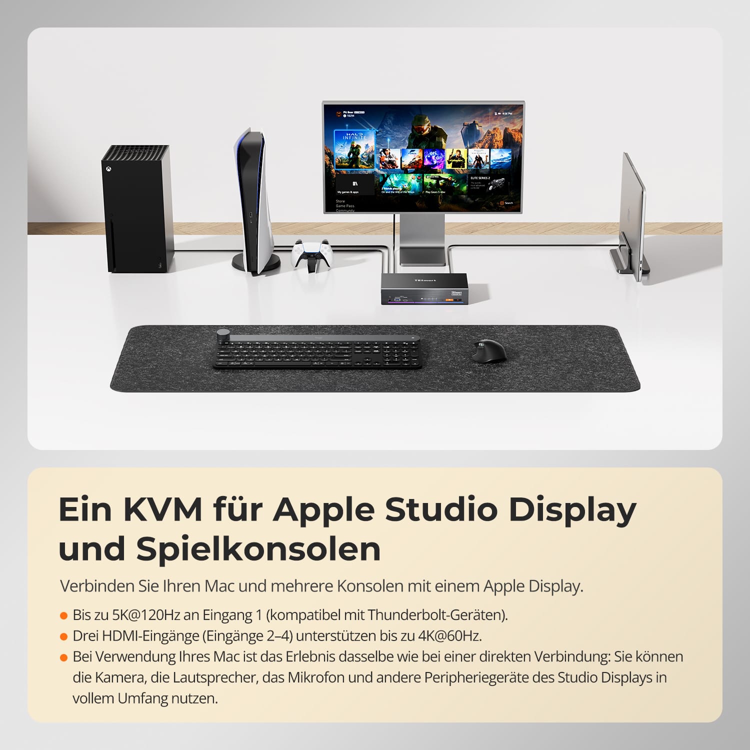 TESmart.DE THK401-X4-EUBK KVM Switch 4-Port KVM für Apple Studio Display – Bis zu 6K@60Hz / 5K@120Hz, kompatibel mit Thunderbolt™ 4- und HDMI-Geräten 4-Port KVM für Apple Studio Display – Kompatibel mit Thunderbolt™ 4- und HDMI-Geräten