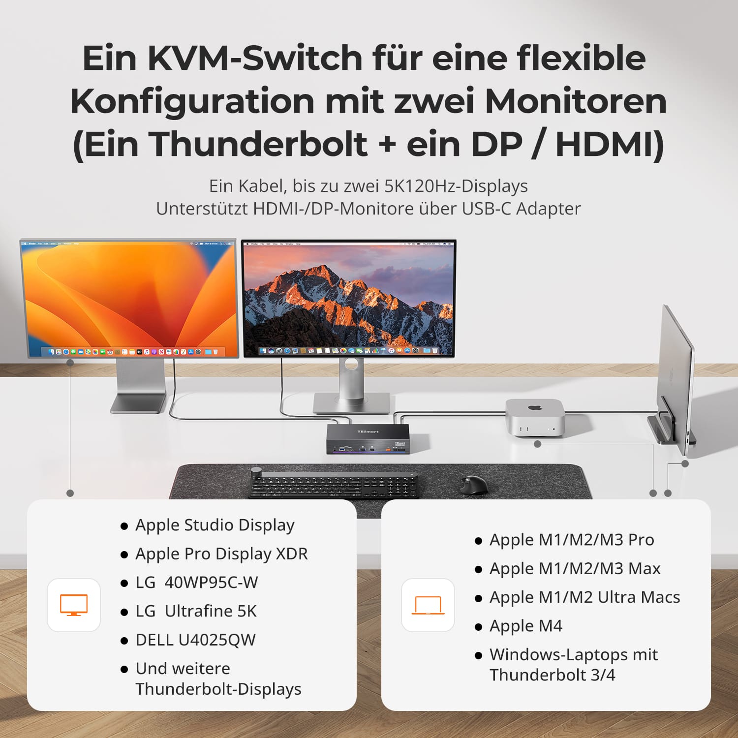 TESmart.DE TKS202-X4-EUBK 2-Port Dual-Monitor KVM für Apple Studio Display – Bis zu 5K@120Hz/6K@60Hz, kompatibel mit Thunderbolt™ 4-Geräten 10617230232513 2-Port Dual-Monitor KVM für Apple Studio Display – Bis zu 5K@120Hz/6K@60Hz, kompatibel mit Thunderbolt™ 4-Geräten EU Plug