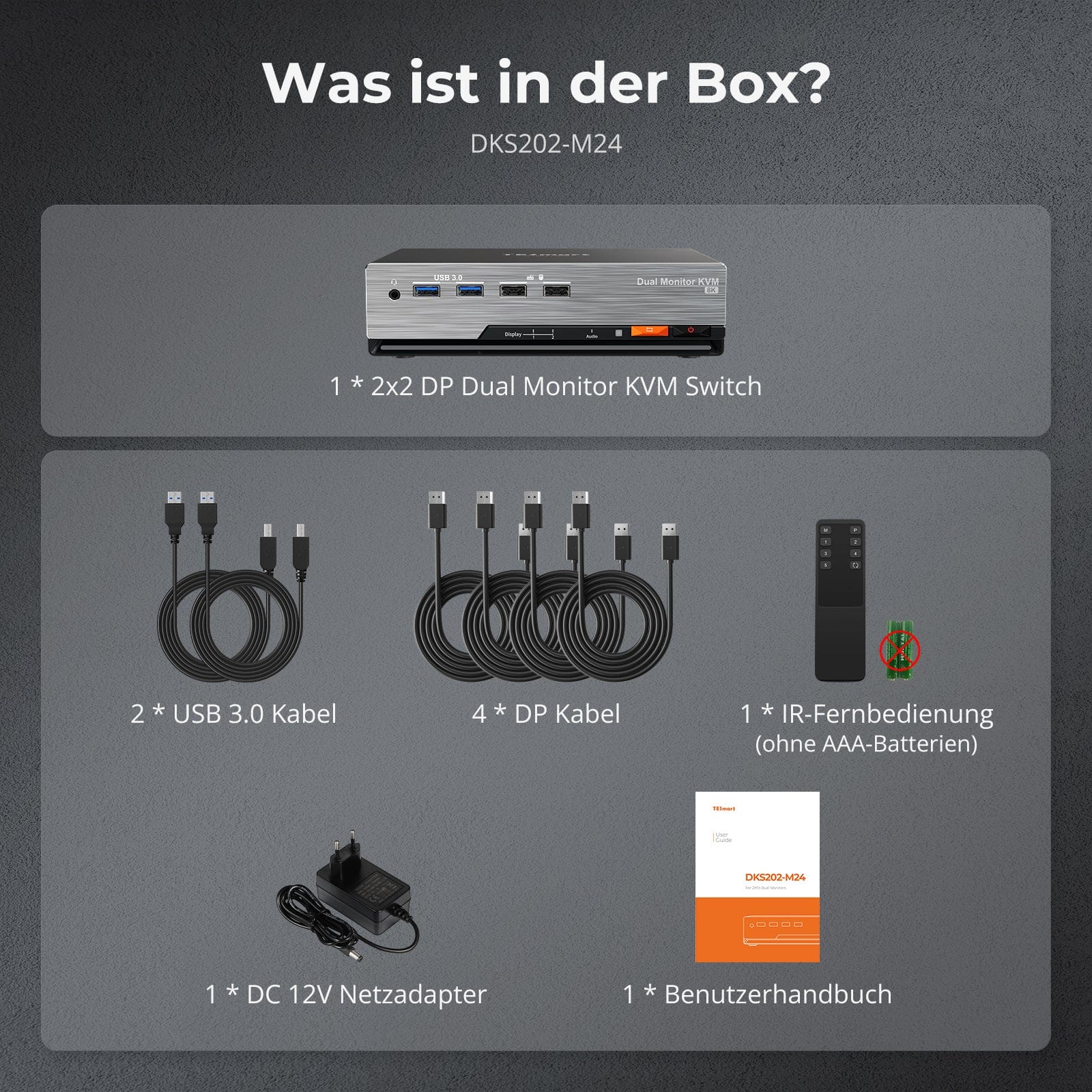 TESmart DKS202-M24-EUBK Dual Monitor KVM Switch DP 1.4 Dual 8K@60Hz KVM Switch Gaming Dock für 2 PCs und 2 Monitore, mit EDID, G-Sync, FreeSync 10652805090631 DP 1.4 Dual 8K@60Hz KVM Switch Gaming Dock für 2 PCs und 2 Monitore, mit EDID, G-Sync, FreeSync EU Plug