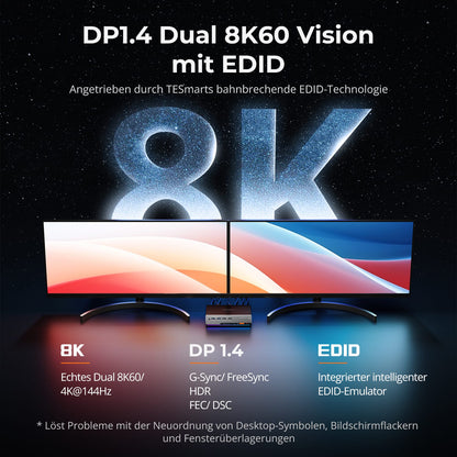 TESmart DKS202-M24-EUBK Dual Monitor KVM Switch DP 1.4 Dual 8K@60Hz KVM Switch Gaming Dock für 2 PCs und 2 Monitore, mit EDID, G-Sync, FreeSync 10652805090631 Dual 8K@60Hz KVM-Switch &amp; Gaming-Dock – DP 1.4, EDID, G-Sync | TESmart EU Plug