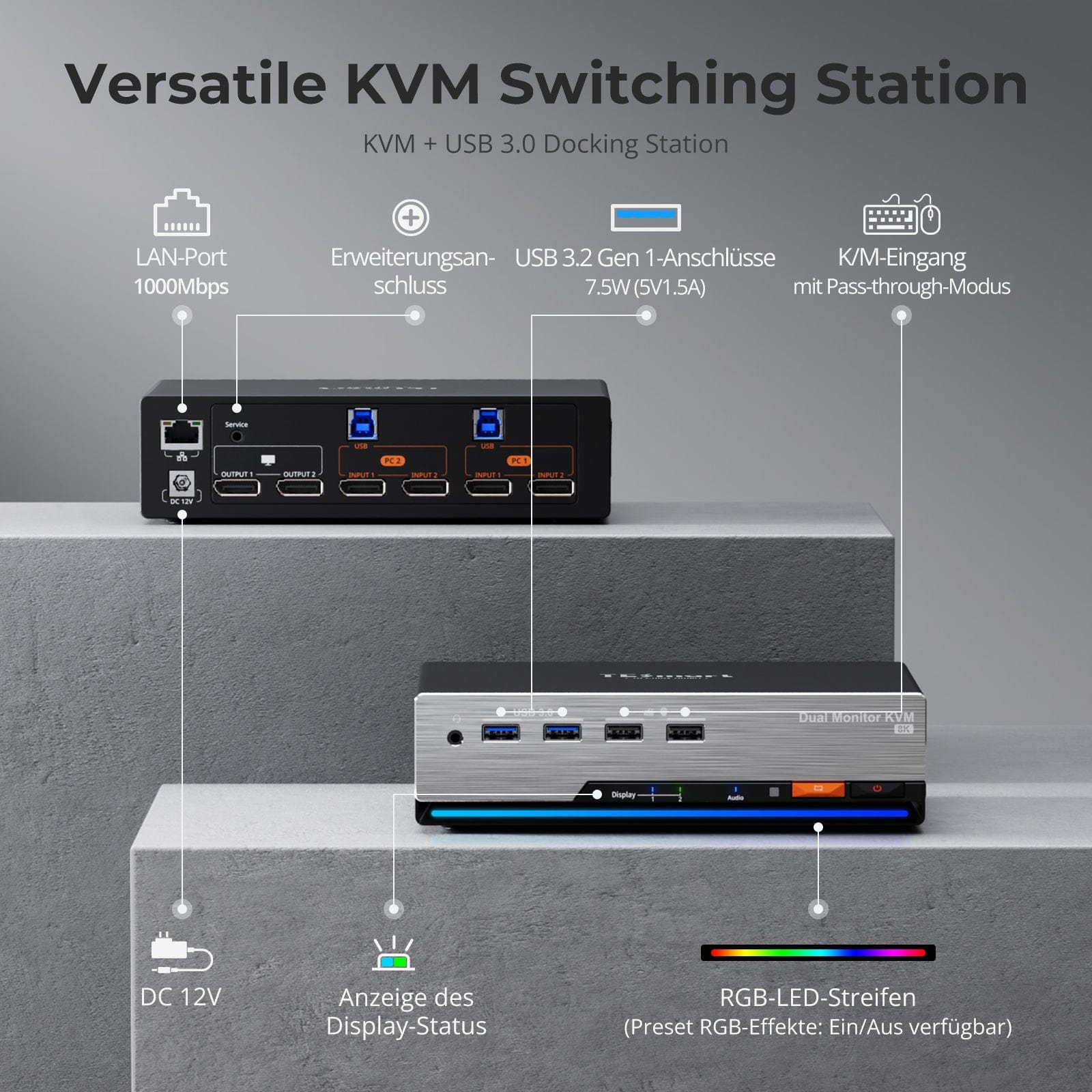 TESmart DKS202-M24-EUBK Dual Monitor KVM Switch DP 1.4 Dual 8K@60Hz KVM Switch Gaming Dock für 2 PCs und 2 Monitore, mit EDID, G-Sync, FreeSync 10652805090631 EU Plug