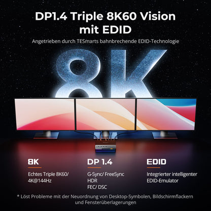 TESmart DKS203-M24-EUBK Drei Monitor KVM Switcher DP 1.4 Triple 8K@60Hz KVM-Switch-Gaming-Dock für 2 PCs und 3 Monitore, mit EDID, G-Sync, FreeSync 10652805090655 DP 1.4 KVM-Switch für 3 Monitore 8K@60Hz mit USB 3.0 Hub | TESmart EU Plug