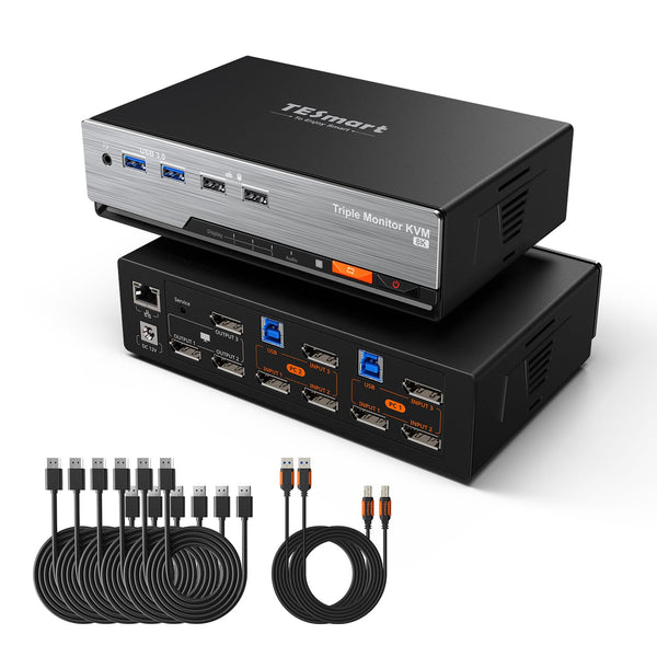 TESmart DKS203-M24-EUBK Drei Monitor KVM Switcher DP 1.4 Triple 8K@60Hz KVM-Switch-Gaming-Dock für 2 PCs und 3 Monitore, mit EDID, G-Sync, FreeSync 10652805090655 DP 1.4 KVM-Switch für 3 Monitore 8K@60Hz mit USB 3.0 Hub | TESmart EU Plug