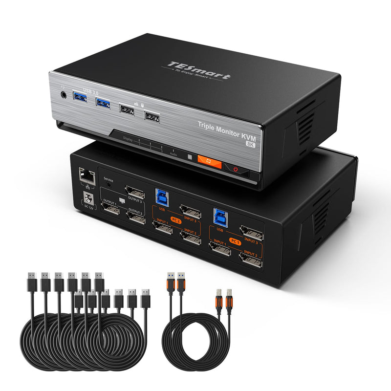 TESmart DKS203-M24-EUBK Drei Monitor KVM Switcher DP 1.4 Triple 8K@60Hz KVM-Switch-Gaming-Dock für 2 PCs und 3 Monitore, mit EDID, G-Sync, FreeSync 10652805090655 DP 1.4 KVM-Switch für 3 Monitore 8K@60Hz mit USB 3.0 Hub | TESmart EU Plug