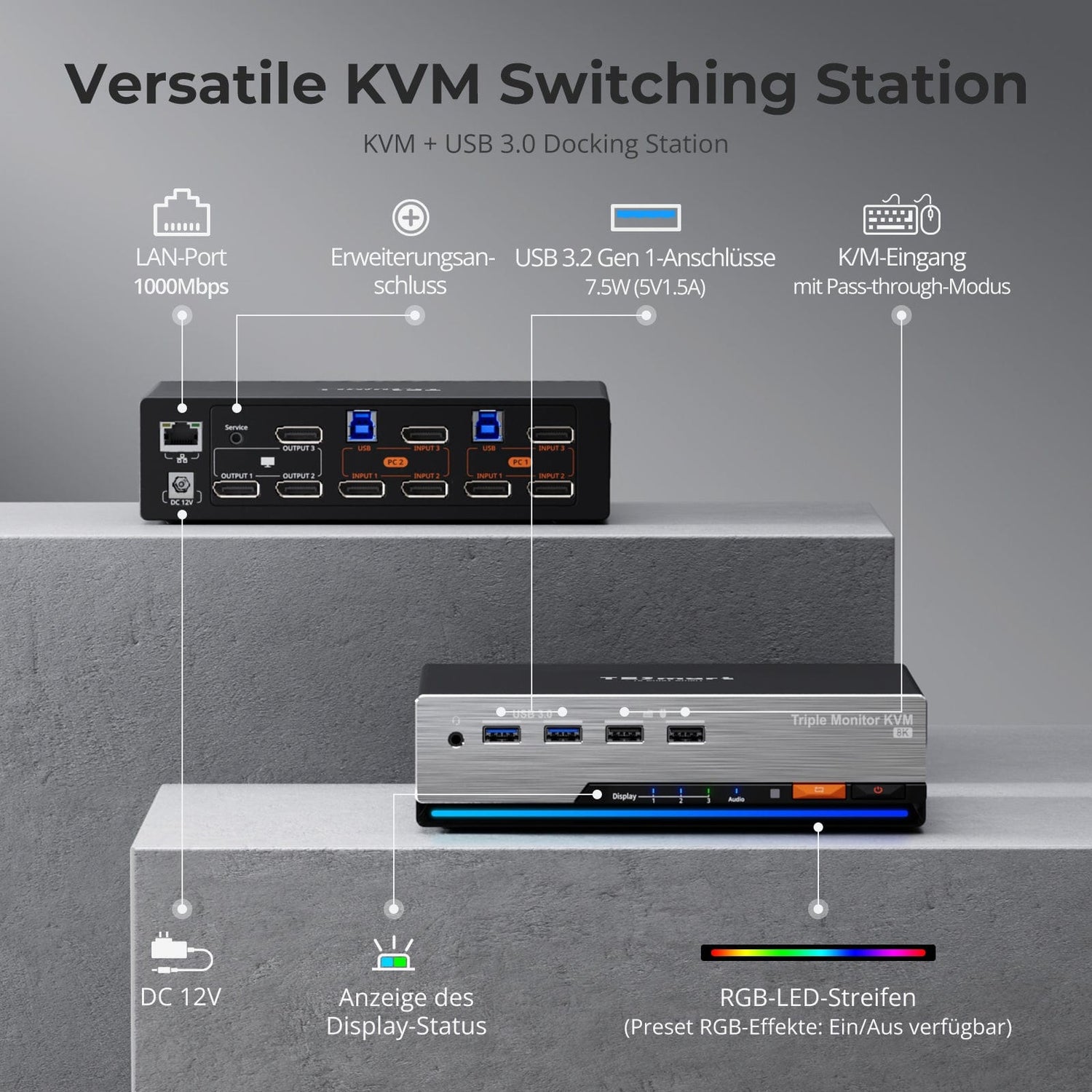 TESmart DKS203-M24-EUBK Drei Monitor KVM Switcher DP 1.4 Triple 8K@60Hz KVM-Switch-Gaming-Dock für 2 PCs und 3 Monitore, mit EDID, G-Sync, FreeSync 10652805090655 EU Plug