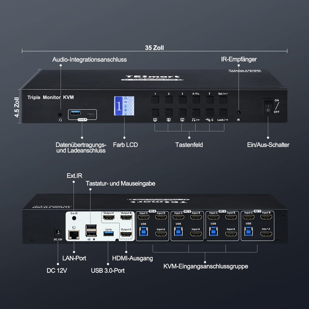 TESmart Drei Monitor KVM Switcher 4 Port Drei-Monitor-KVM-Switch HDMI 4K@60Hz mit USB Hub Triple Monitor KVM Switch 4 Port HDMI 4K mit USB Hub-TESmart