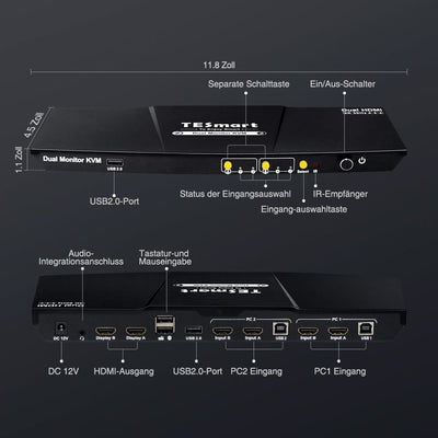TESmart Dual Monitor KVM Switch 2 Port Dual Monitor KVM Switch HDMI 4K30Hz mit USB 2.0 Hub & Audio I/O