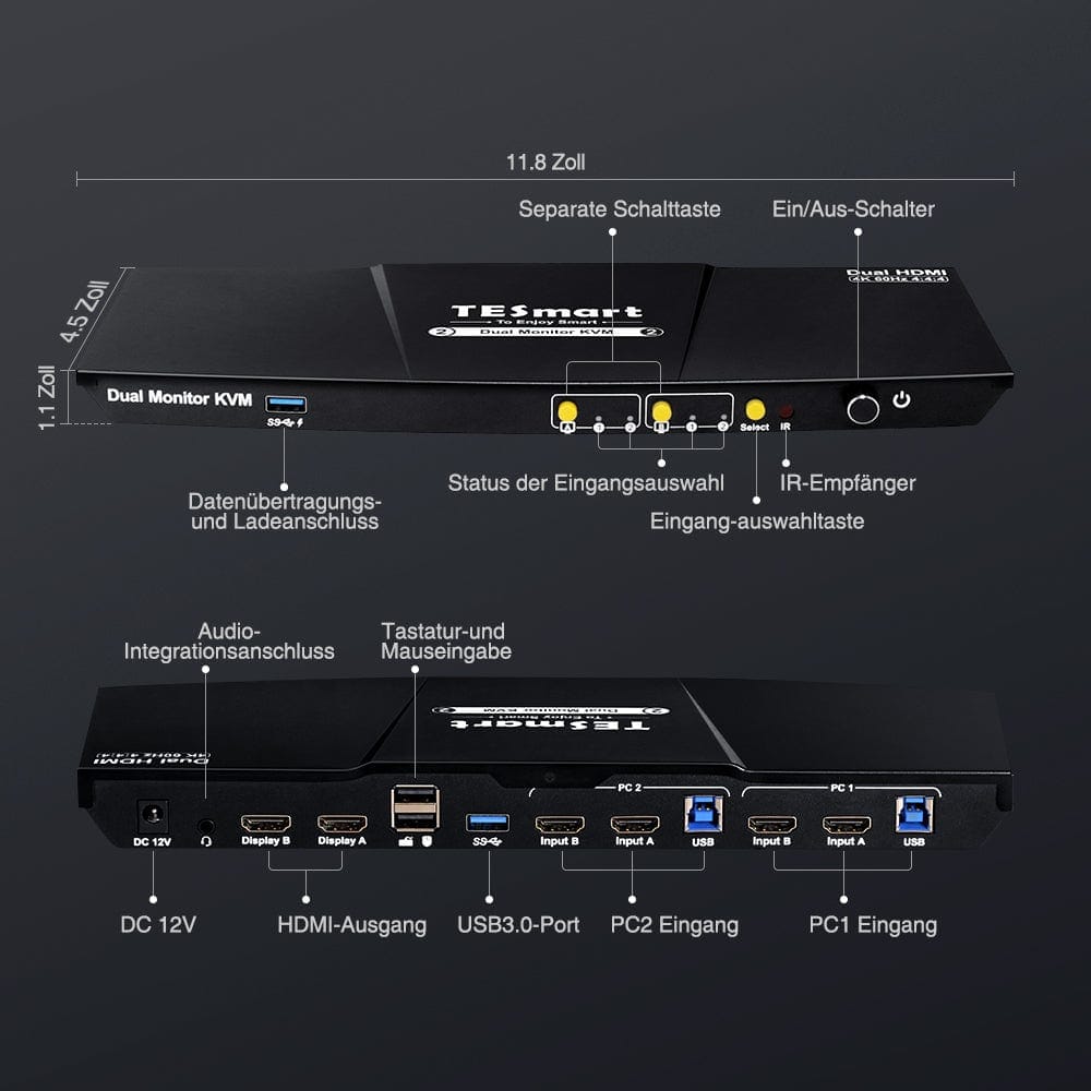 TESmart Dual Monitor KVM Switch 2 Port Dual Monitor KVM Switch HDMI 4K60Hz mit USB 3.0 Hub &amp; Audio I/O
