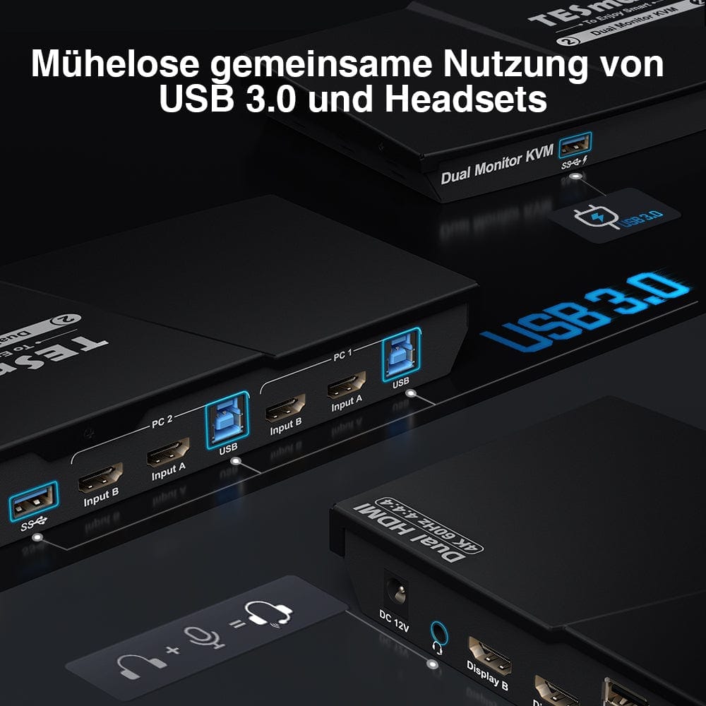 TESmart Dual Monitor KVM Switch 2 Port Dual Monitor KVM Switch HDMI 4K60Hz mit USB 3.0 Hub &amp; Audio I/O