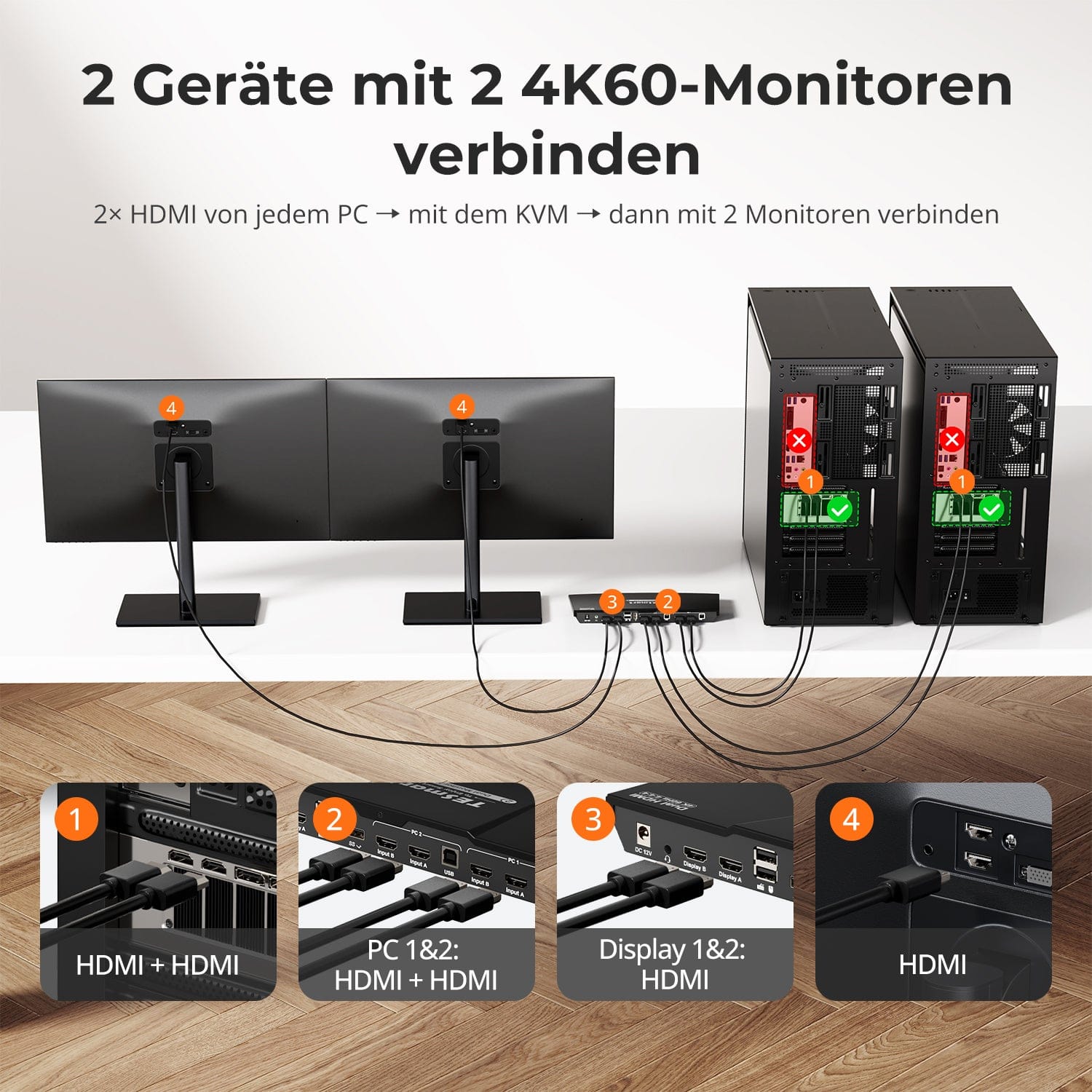 TESmart Dual Monitor KVM Switch 2 Port Dual Monitor KVM Switch HDMI 4K60Hz mit USB Hub Dual-Monitor KVM Switch – 2-Port HDMI, 4K60Hz, EDID | TESmart