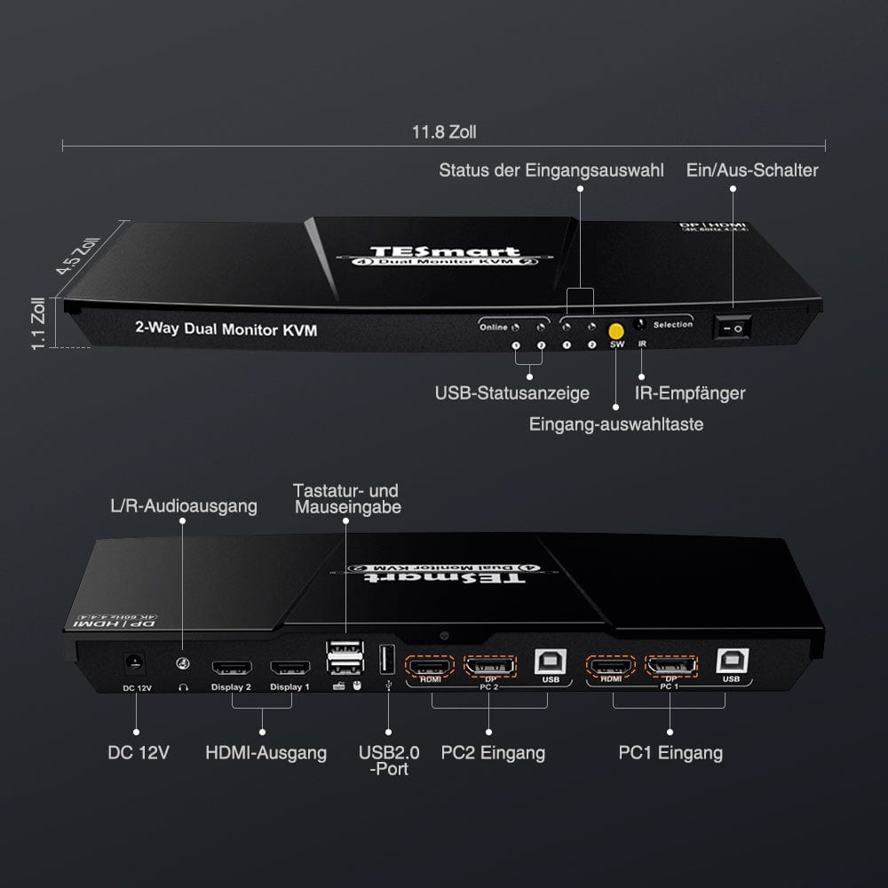 TESmart Dual Monitor KVM Switch 2 Port Dual Monitor KVM Switch HDMI+DP 4K60Hz mit USB Hub Dual Monitor KVM Switch 2 Wege HDMI2.0 DP 4K60Hz EDID TESmart