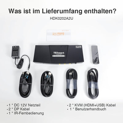 TESmart Dual Monitor KVM Switch 2-Port Dual-Monitor KVM-Switch-Kit HDMI+DP 4K60Hz mit USB 3.0 Dockingstation, EDID
