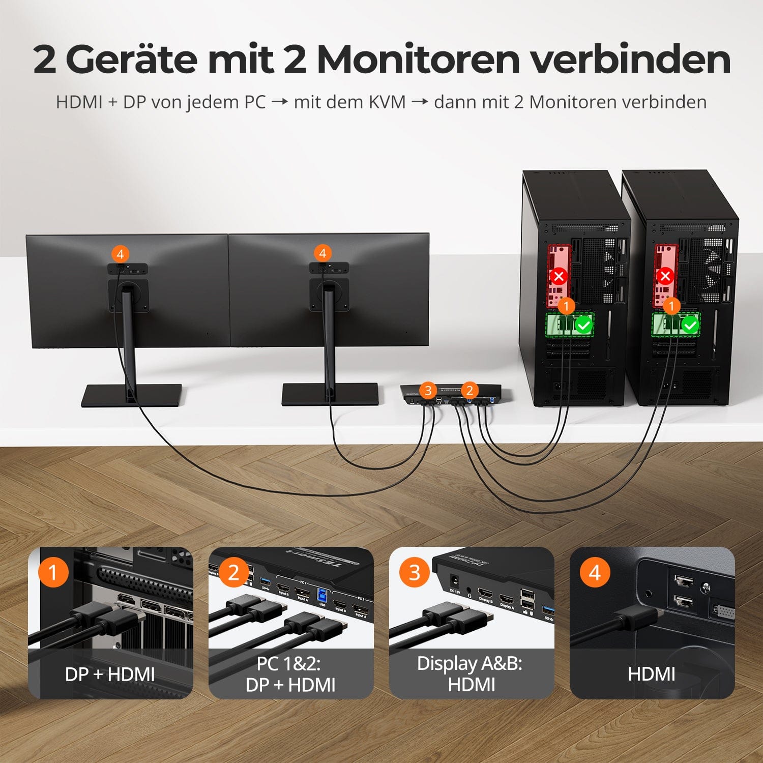 TESmart Dual Monitor KVM Switch 2-Port Dual-Monitor KVM-Switch-Kit HDMI+DP 4K60Hz mit USB 3.0 Dockingstation, EDID Dual-Monitor KVM Switch HDMI + DP 4K@60Hz mit USB 3.0 Dock | TESmart