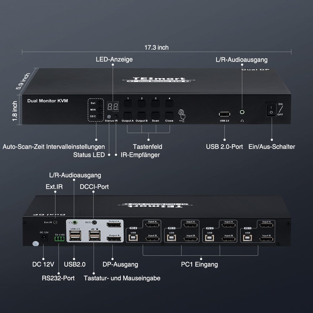 TESmart Dual Monitor KVM Switch 4-Port Dual-Monitor KVM-Switch-Kit DP 4K60Hz mit EDID
