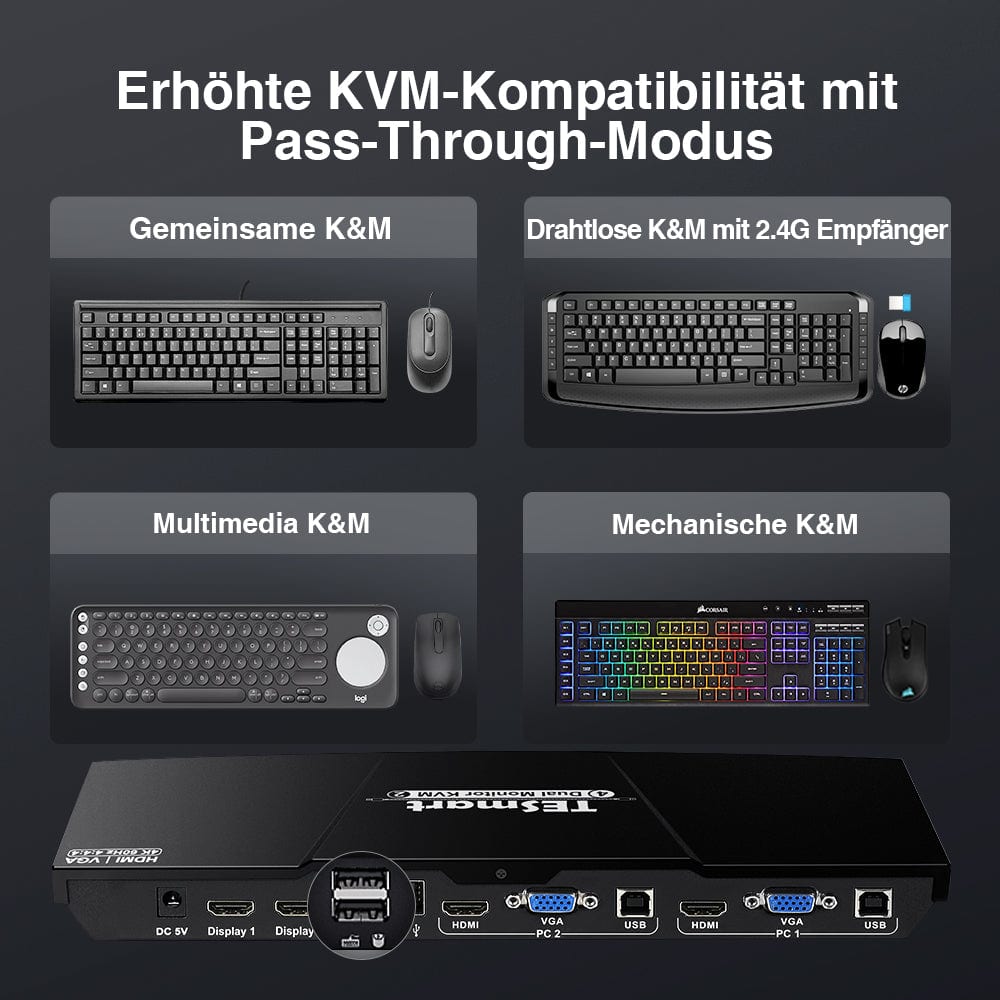 TESmart Dual Monitor KVM Switch Dual-Monitor-KVM-Switch mit 2 Anschlüssen, HDMI+VGA 4K60Hz und USB-Hub Dual Monitor KVM Switch  2 Eingänge 2 Ausgänge  HDMI VGA 4K HDCP TESmart