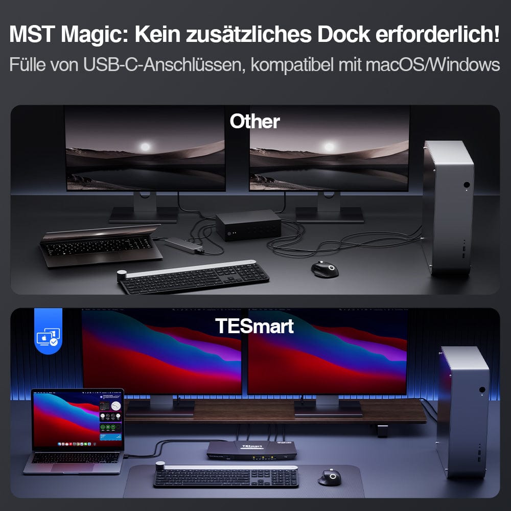 TESmart HDC202-P23-EUBK Dual Monitor KVM Switch Dual 4K60Hz Hybrid KVM Docking Station Kit - USB-C with MST &amp; EDID for 1 Laptop &amp; 1 Desktop 10652805090549 Dual 4K60Hz Hybrid KVM-Dock - Für 1 Laptop &amp; 1 Desktop EU Plug