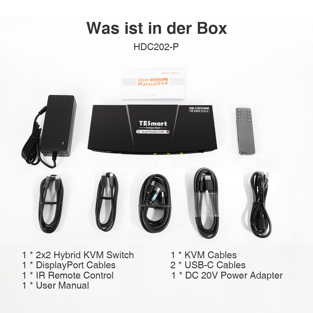 TESmart HDC202-P23-EUBK Dual Monitor KVM Switch Dual 4K60Hz Hybrid KVM Docking Station Kit - USB-C with MST &amp; EDID for 1 Laptop &amp; 1 Desktop 10652805090549 Dual 4K60Hz Hybrid KVM-Dock - Für 1 Laptop &amp; 1 Desktop EU Plug