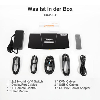TESmart HDC202-P23-EUBK Dual Monitor KVM Switch Dual 4K60Hz Hybrid KVM Docking Station Kit - USB-C with MST & EDID for 1 Laptop & 1 Desktop 10652805090549 Dual 4K60Hz Hybrid KVM-Dock - Für 1 Laptop & 1 Desktop EU Plug