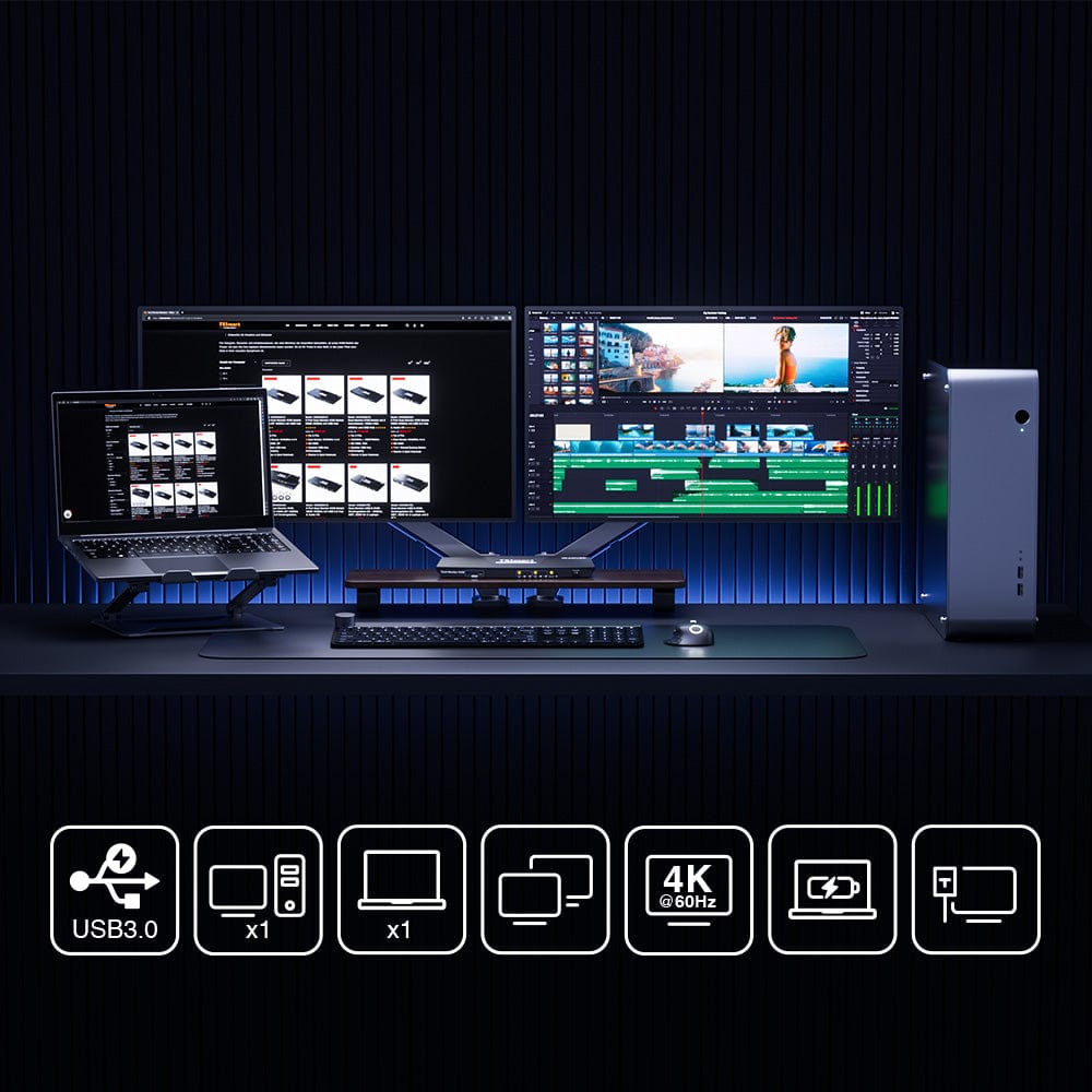 TESmart HDC202-P23-EUBK Dual Monitor KVM Switch Dual 4K60Hz Hybrid KVM Docking Station Kit - USB-C with MST &amp; EDID for 1 Laptop &amp; 1 Desktop 10652805090549 Dual 4K60Hz Hybrid KVM-Dock - Für 1 Laptop &amp; 1 Desktop EU Plug