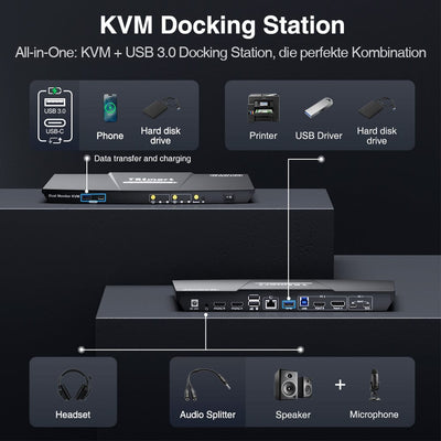 TESmart HDC202-P23-EUBK Dual Monitor KVM Switch Dual 4K60Hz Hybrid KVM Docking Station Kit - USB-C with MST & EDID for 1 Laptop & 1 Desktop 10652805090549 Dual 4K60Hz Hybrid KVM-Dock - Für 1 Laptop & 1 Desktop EU Plug