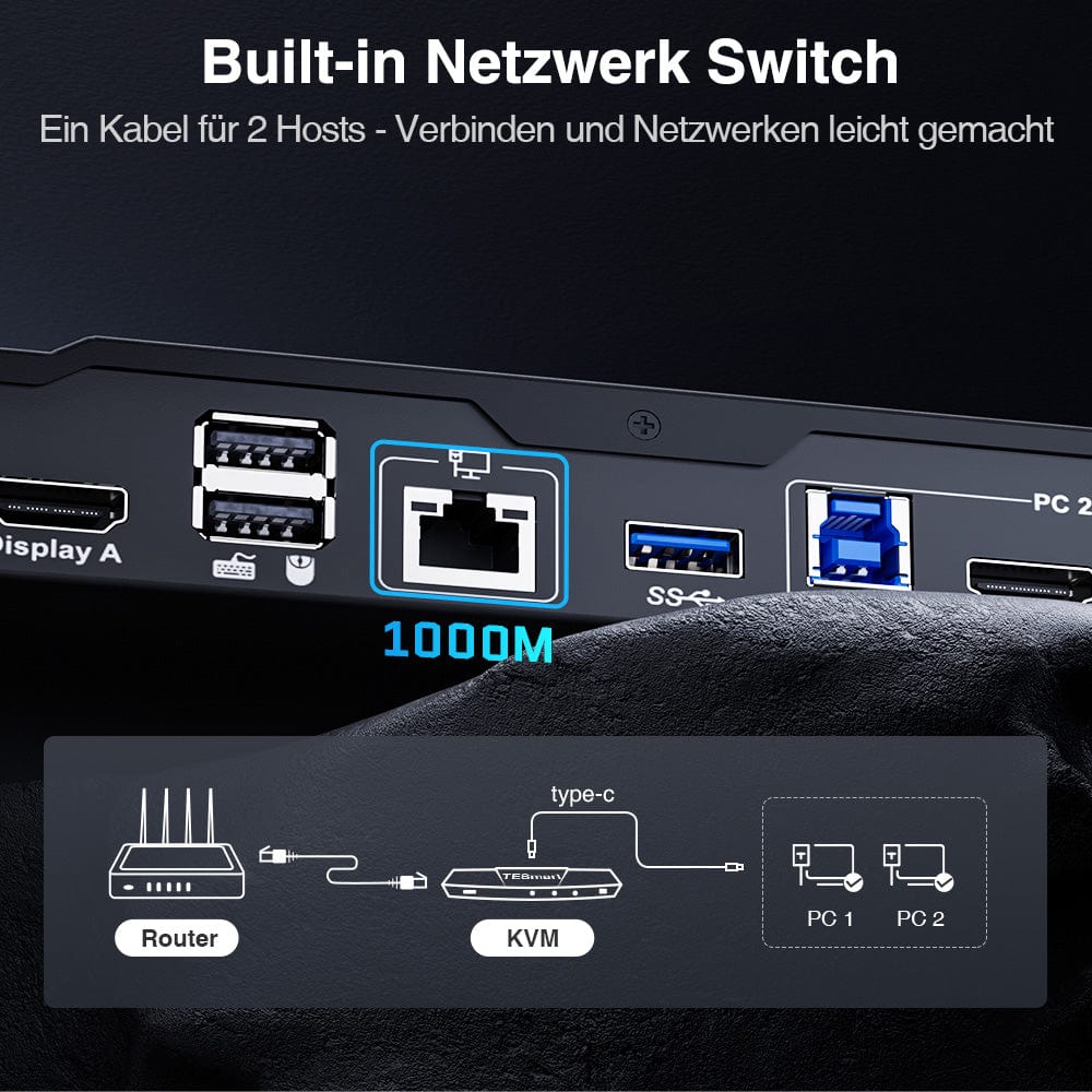 TESmart HDC202-P23-EUBK Dual Monitor KVM Switch Dual 4K60Hz Hybrid KVM Docking Station Kit - USB-C with MST &amp; EDID for 1 Laptop &amp; 1 Desktop 10652805090549 Dual 4K60Hz Hybrid KVM-Dock - Für 1 Laptop &amp; 1 Desktop EU Plug