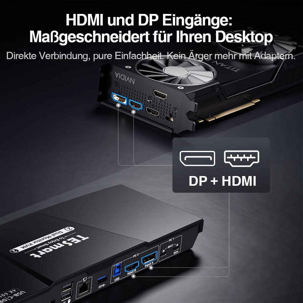 TESmart HDC202-P23-EUBK Dual Monitor KVM Switch Dual 4K60Hz Hybrid KVM Docking Station Kit - USB-C with MST &amp; EDID for 1 Laptop &amp; 1 Desktop 10652805090549 Dual 4K60Hz Hybrid KVM-Dock - Für 1 Laptop &amp; 1 Desktop EU Plug