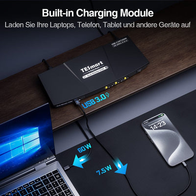 TESmart HDC202-P23-EUBK Dual Monitor KVM Switch Dual 4K60Hz Hybrid KVM Docking Station Kit - USB-C with MST & EDID for 1 Laptop & 1 Desktop 10652805090549 Dual 4K60Hz Hybrid KVM-Dock - Für 1 Laptop & 1 Desktop EU Plug