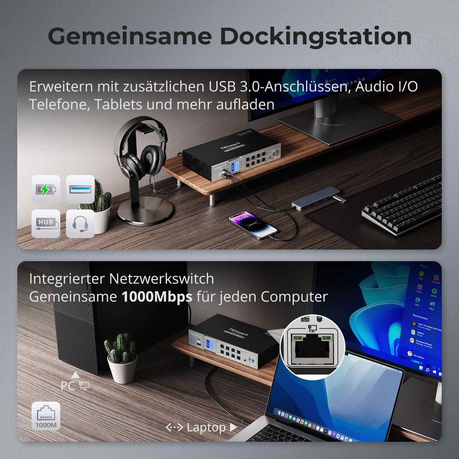 TESmart HDC203-P24-EUBK Drei Monitor KVM Switcher Triple 4K60Hz Hybrid KVM Gaming Dock für 1 Desktop-PC und 1 Laptop, mit EDID, MST 10652805090730 EU Plug