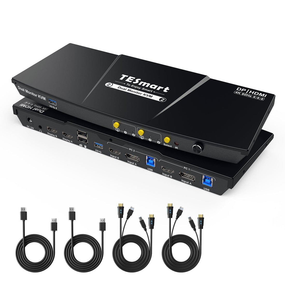 TESmart HDK202-P23-EUBK Dual Monitor KVM Switch 2-Port Dual-Monitor KVM-Switch-Kit HDMI+DP 4K60Hz mit USB 3.0 Dockingstation, EDID 10659135228239 EU Plug