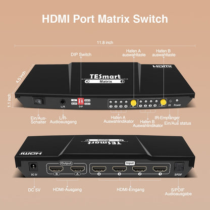 TESmart HDMI Matrix 4x2 4K HDMI-Matrix-Switch mit Audio-Extraktion und S/PDIF 4x2 HDMI Matrix Video Switch 4K 30hz HDCP mit Audio TESmart