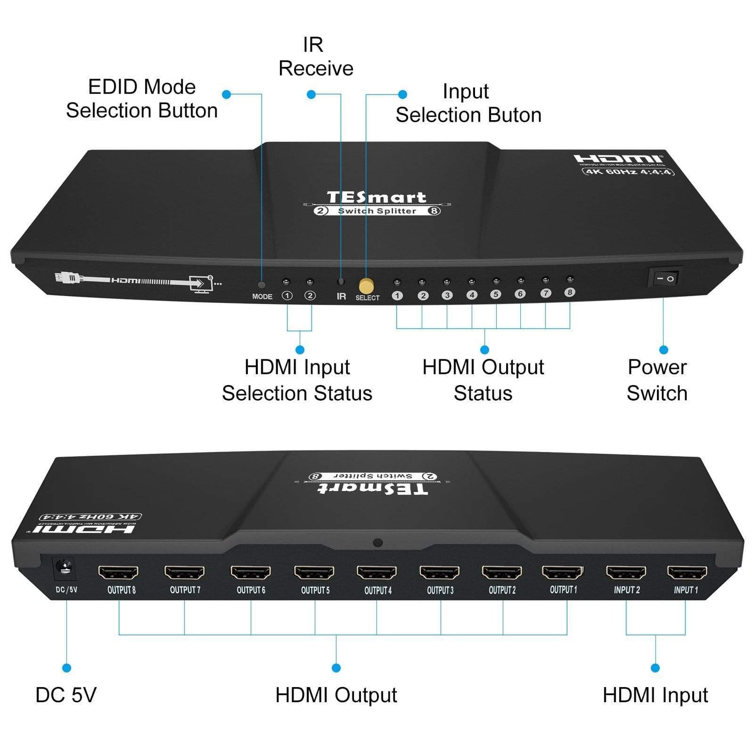 TESmart HDMI Splitter 2x8 HDMI Splitter 4K 60Hz für DVD Player TV Box HDMI Splitter  2 in 8 out Unterstützung  4K 60Hz HDR HDCP 2.2 -TESmart