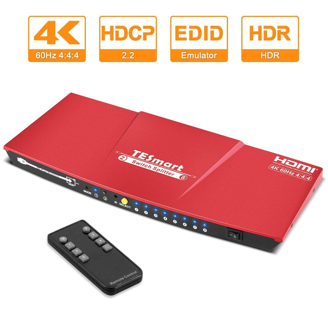 TESmart HDMI Splitter 2x8 HDMI Splitter 4K 60Hz für DVD Player TV Box HDMI Splitter  2 in 8 out Unterstützung  4K 60Hz HDR HDCP 2.2 -TESmart