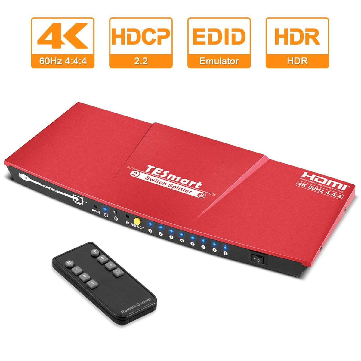 TESmart HDMI Splitter 2x8 HDMI Splitter 4K 60Hz für DVD Player TV Box HDMI Splitter  2 in 8 out Unterstützung  4K 60Hz HDR HDCP 2.2 -TESmart
