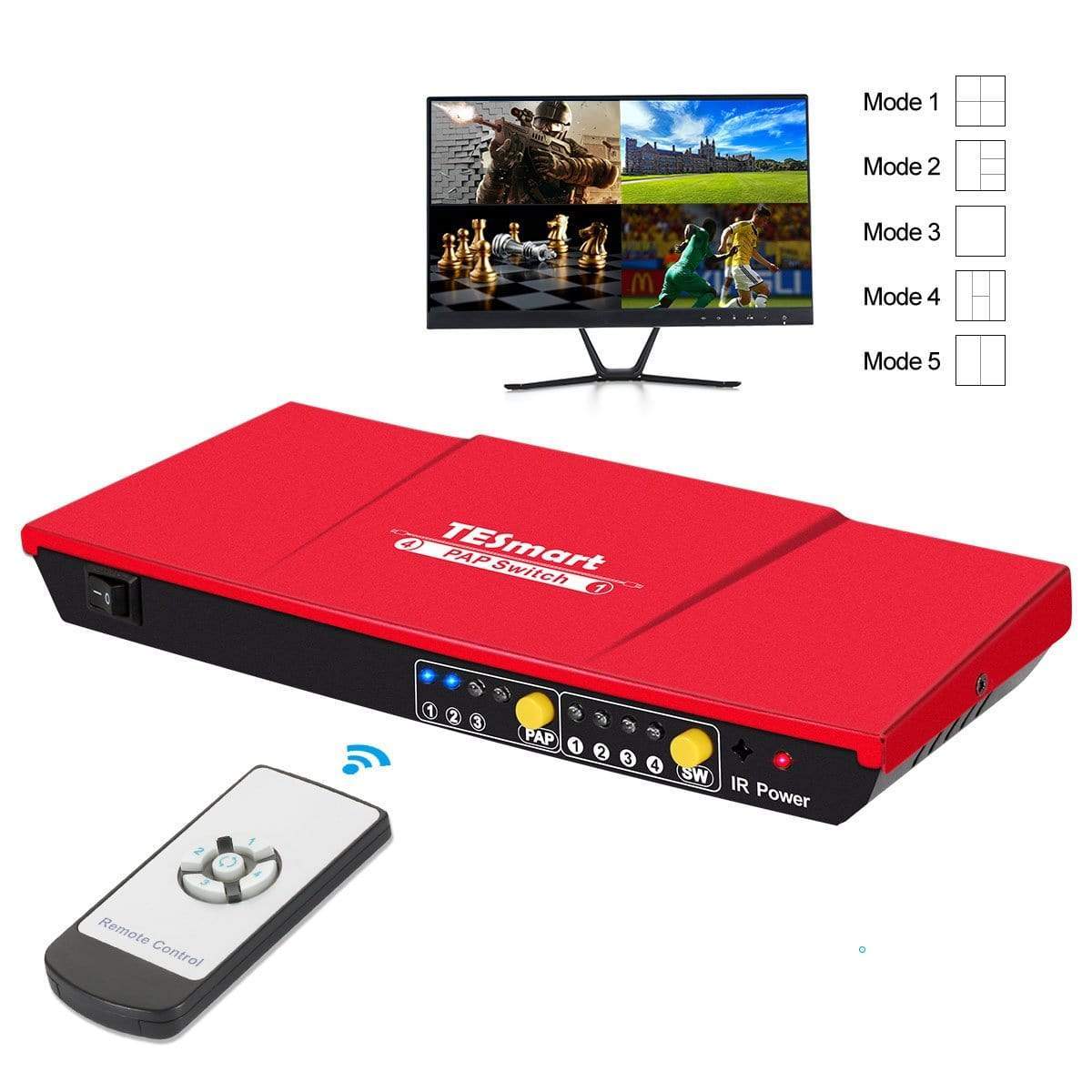 TESmart HDMI Switch 4 Port HDMI Switch 1080P@60Hz Multi Viewer und nahtloses Umschalten 4 in 1 Out Seamless HDMI Switch，Multi-View1080p@60Hz，IR-Fernbedienung