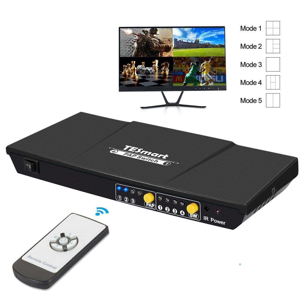 TESmart HDMI Switch 4 Port HDMI Switch 1080P@60Hz Multi Viewer und nahtloses Umschalten 4 in 1 Out Seamless HDMI Switch，Multi-View1080p@60Hz，IR-Fernbedienung