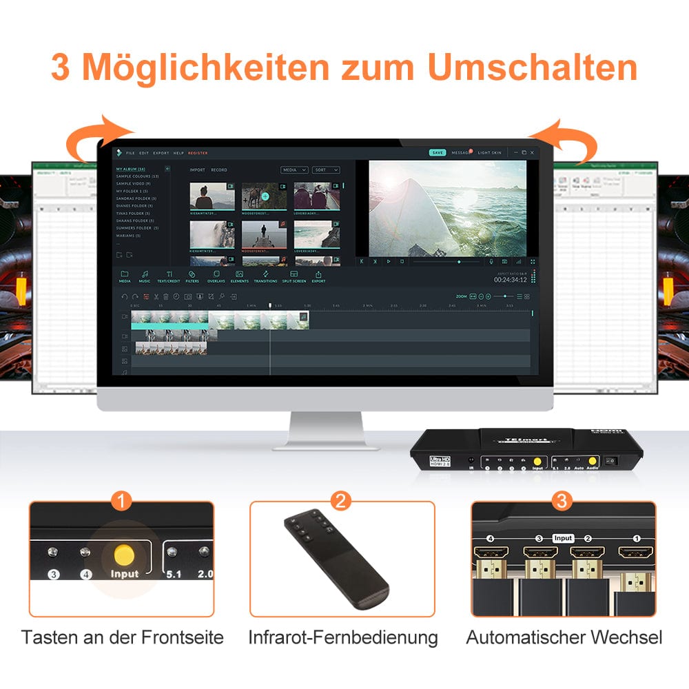 TESmart HDMI Switch 4 Port HDMI Umschalter 4K60Hz mit S/PDIF &amp; L/R 4 Port HDMI Umschalter 4K 60Hz mit Audio Ausgang, Fernbedienung-TESmart