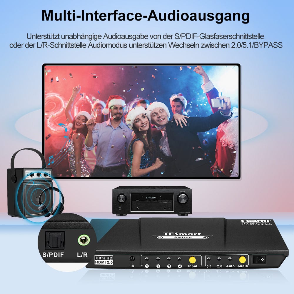 TESmart HDMI Switch 4 Port HDMI Umschalter 4K60Hz mit S/PDIF &amp; L/R 4 Port HDMI Umschalter 4K 60Hz mit Audio Ausgang, Fernbedienung-TESmart